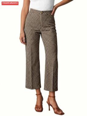 High Waisted Gingham Cropped Trousers Wide Leg Pants with Pockets